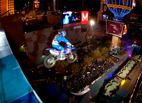 Robbie Maddison jumping on the top of the The Arc de Triomphe in Las Vegas